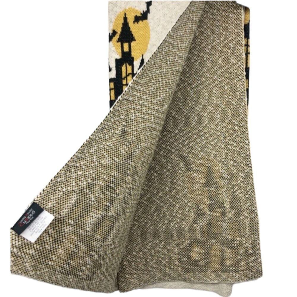 Cynthia‎ Rowley Halloween Haunted House Throw Blanket Beige Bats Pumpkins Decor - Picture 4 of 7